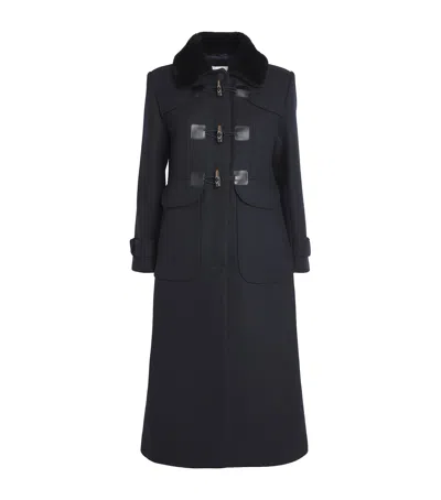 Sandro Wool-blend Shearling-collar Coat In Blue