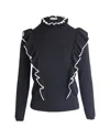 Sandro Wool Blend Sweater With Ruffles In Black Acrylic In Black