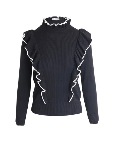 Pre-owned Sandro Wool Blend Sweater With Ruffles In Black Acrylic In Blue