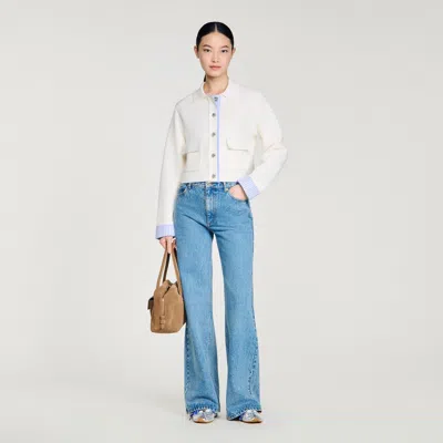 Sandro Wool Cardigan With A Polo Collar In Nude