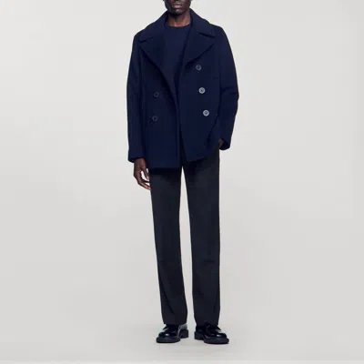 Sandro Wool Pea Coat In Navy Blue