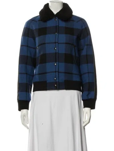 Pre-owned Sandro Wool Plaid Print Bomber Jacket In Blue