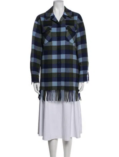 Pre-owned Sandro Wool Plaid Print Coat In Blue