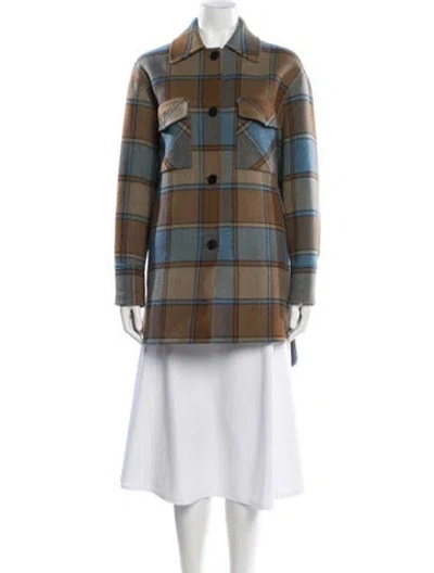 Pre-owned Sandro Wool Plaid Print Coat In Brown