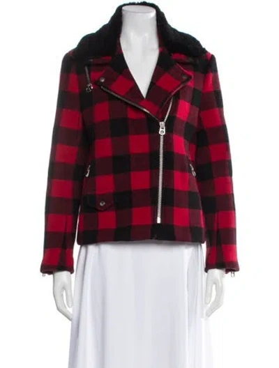 Pre-owned Sandro Wool Plaid Print Fur Jacket In Red
