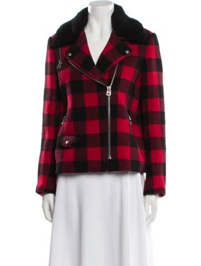 Pre-owned Sandro Wool Plaid Print Fur Jacket In Red