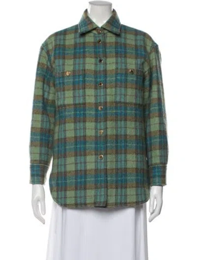 Pre-owned Sandro Wool Plaid Print Jacket In Green