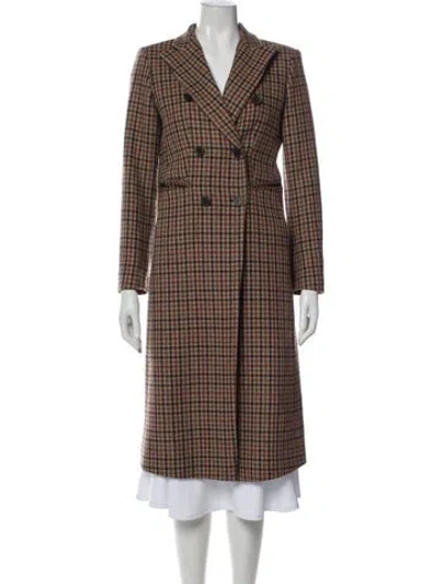 Pre-owned Sandro Wool Plaid Print Peacoat In Brown