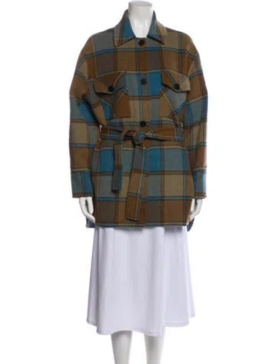 Pre-owned Sandro Wool Plaid Print Peacoat In Multi