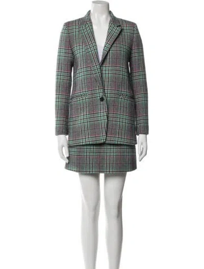 Pre-owned Sandro Wool Plaid Print Skirt Suit In Green