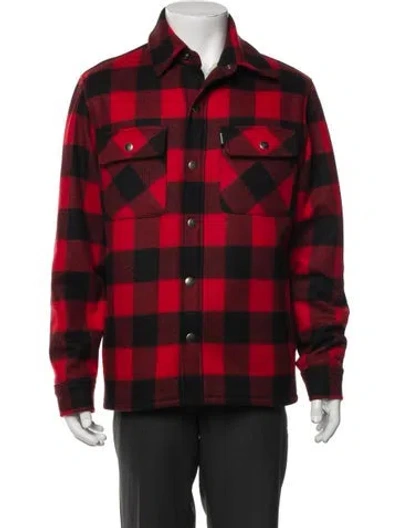 Pre-owned Sandro Wool Plaid Print Trucker Jacket In Red