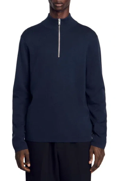 Sandro Wool Sweater With Zip Collar In Blue Prusse