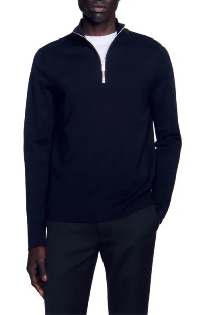 Sandro Wool Sweater With Zip Collar In Carbon Black