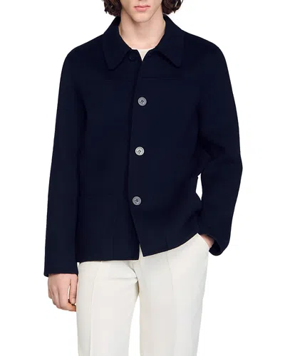 Sandro Worker Double Wool Blend Jacket In Blue