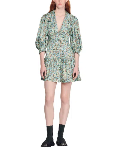 Sandro Woven Silk Dress In Blue