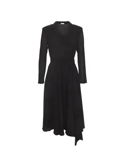 Pre-owned Sandro Wrap-style Pleated Midi Dress In Black