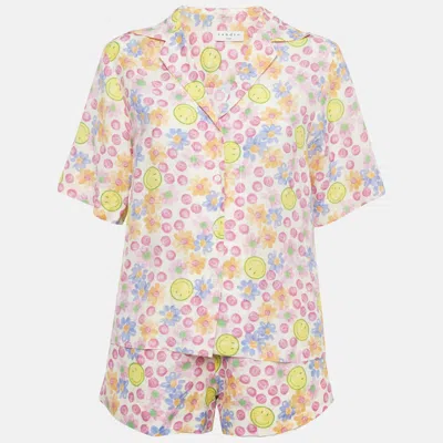 Pre-owned Sandro X Smiley Multicolour Printed Linen Blend Flowing Shirt And Shorts Set Xs