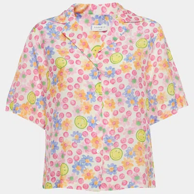Sandro X Smiley Pink Floral Print Linen Blend Shirt In Multi