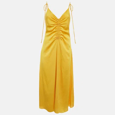 Pre-owned Sandro Yellow Crepe Shoulder Tie-up Detail Gathered Praline Midi Dress M