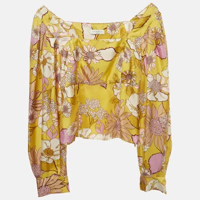 Pre-owned Sandro Yellow Floral Print Satin Square Neck Zip Up Blouse Xs