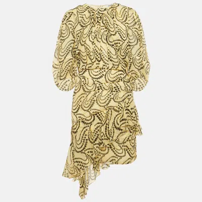 Pre-owned Sandro Yellow Paisley Print Chiffon Asymmetrical Mini Dress L