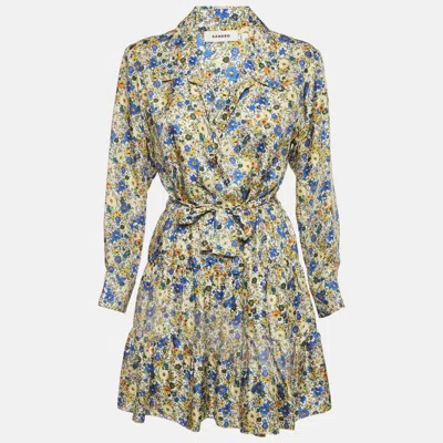 Pre-owned Sandro Yellow/blue Blossom Print Silk Mini Dress S