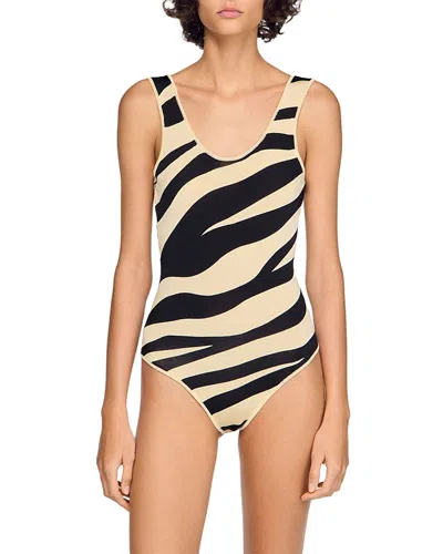 Sandro Zebra-print Knit Bodysuit In Black