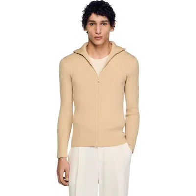 Sandro Zip Cardigan With Standing Collar In Neutral
