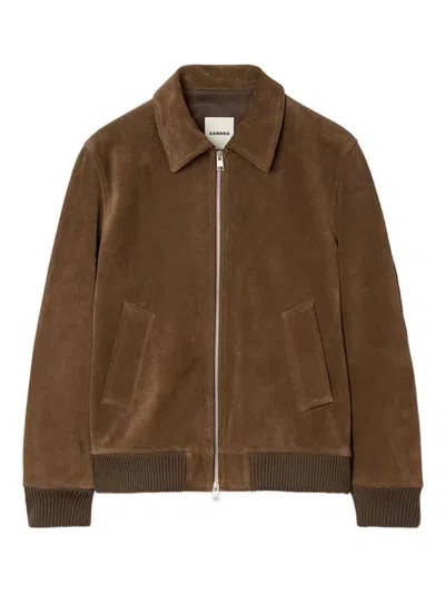Sandro Zip-front Suede Jacket In Brown