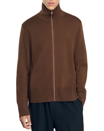 Sandro Zip Front Wool Cardigan In Dark Caramel