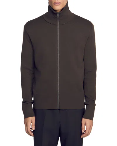 Sandro Zip Front Wool Cardigan In Brown