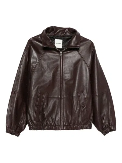 Sandro Zip Lambskin Leather Jacket In Brown