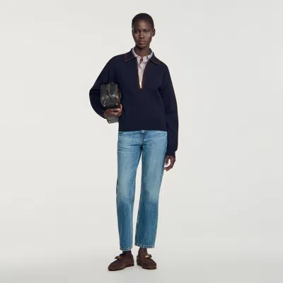 Sandro Zip Polo Sweater With Suede Collar In Blue