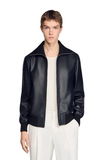 Sandro Zipped Leather Jacket In Black
