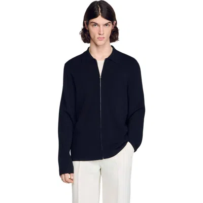 Sandro Zipped Viscose Knit Cardigan In Black
