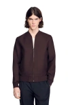 Sandro Mens Chocolate Ribbed-collar Regular-fit Technical Wool-blend Jacket In Brown