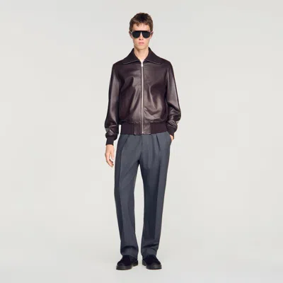 Sandro Zip-up Leather Jacket In Brown