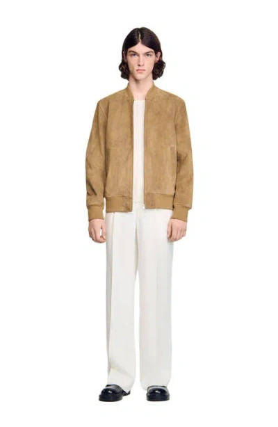 Sandro Zip-up Split Leather Jacket In Brown