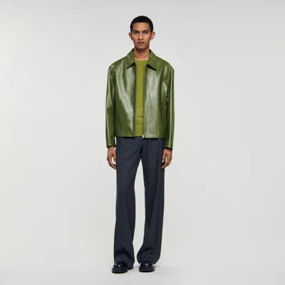 Sandro Zip-up Wing Collar Leather Jacket In Green