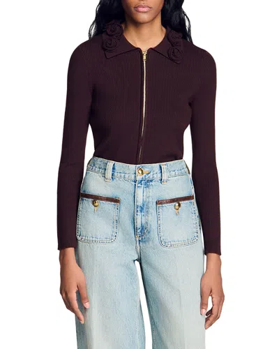 Sandro Zora Rosette Collar Zippered Cardigan In Purple