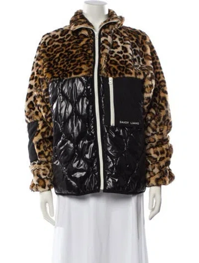 Pre-owned Sandy Liang Animal Print Faux Fur Jacket In Brown