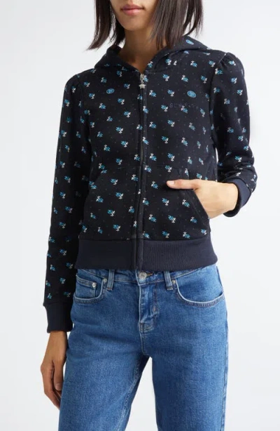 Sandy Liang Cardomom Floral Print Full Zip Hoodie In Blue