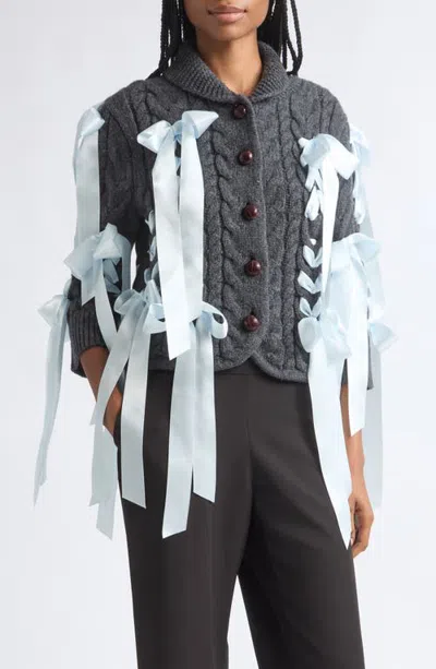 Sandy Liang Cobble Bow Cable Knit Wool Cardigan In Blue