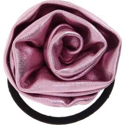 Sandy Liang Corsage Metallic Leather Ponytail Holder In Pink