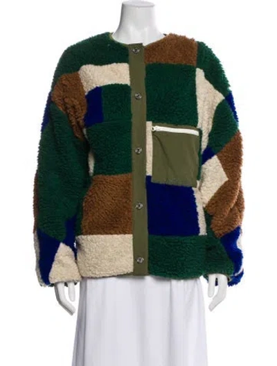 Pre-owned Sandy Liang Faux Fur Colorblock Pattern Faux Fur Jacket In Green