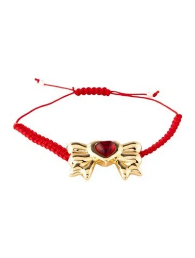 Pre-owned Sandy Liang Faux Pearl, Crystal & Cord Bow Bracelet, 9.75" In Red