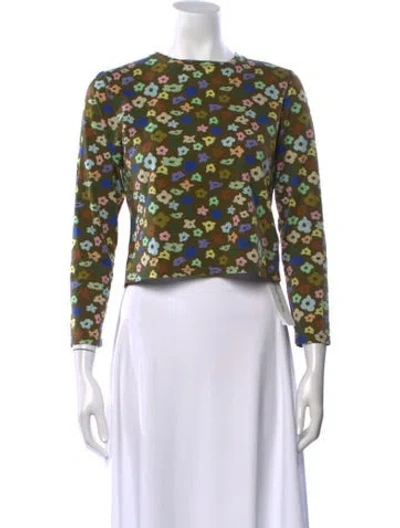 Pre-owned Sandy Liang Floral Print Crew Neck Top In Brown