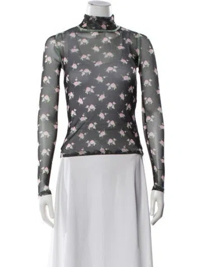 Pre-owned Sandy Liang Floral Print Mock Neck Top In Black