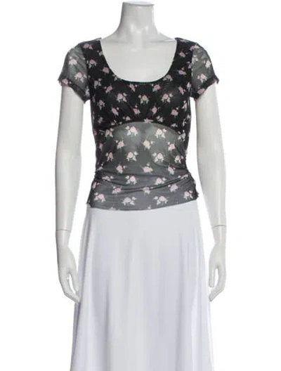 Pre-owned Sandy Liang Floral Print Scoop Neck Top In Black