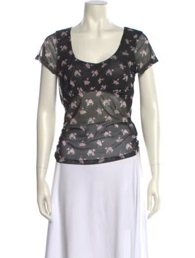 Pre-owned Sandy Liang Floral Print Scoop Neck T-shirt In Black